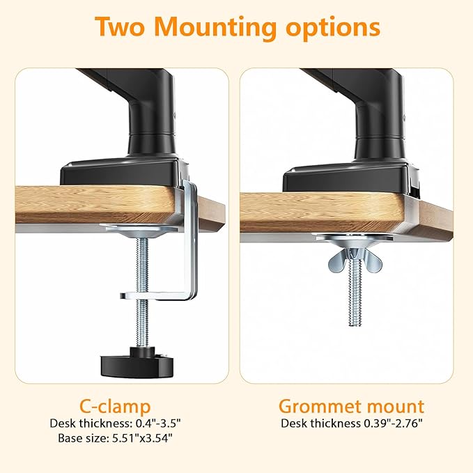 XEVKZO Single Monitor Arm - Gas Spring Monitor Stand for 13 to 34 Inch Screens, Adjustable VESA Mount with C-Clamp & Grommet Base, Full Motion (Tilt, Swivel, Rotation), Supports 4.4-22 lbs