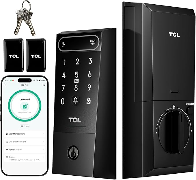 TCL D2 Pro Smart Lock with Palm Vein Recognition, 10000mAh Rechargeable Battery & Wi-Fi, Keyless Entry Door Lock, IP55 Weatherproof, Built-in Doorbell, Auto Lock, Compatible with Alexa, Black