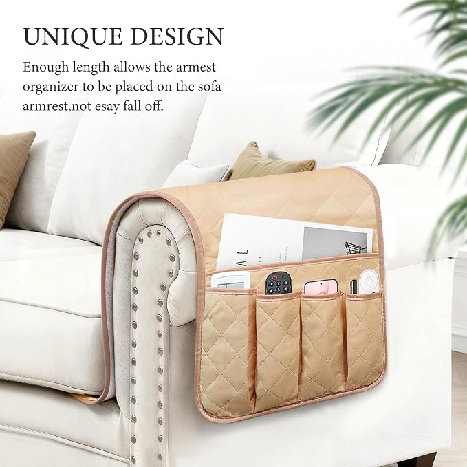 Armchair Caddy for Recliner, Non Slip Sofa Arm Organizer, Khaki | 5-Pocket - Image 4