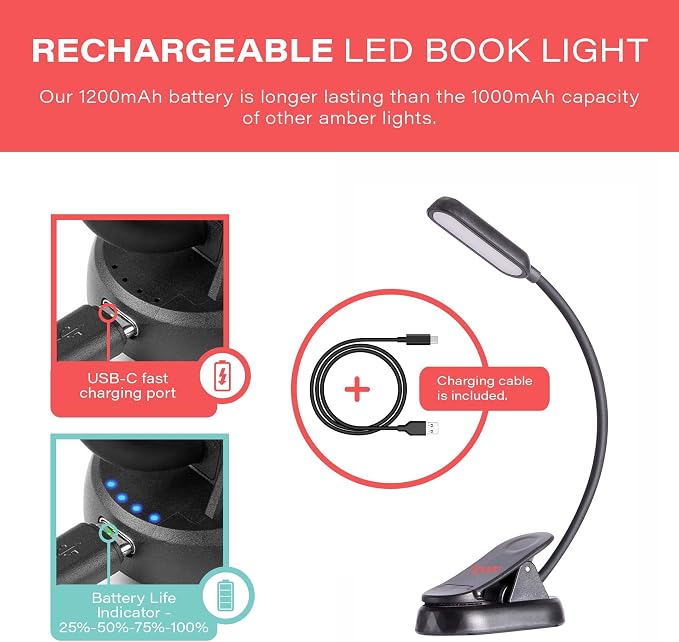 hooga Amber Book Light – Blue Light Blocking Reading Light - Image 4