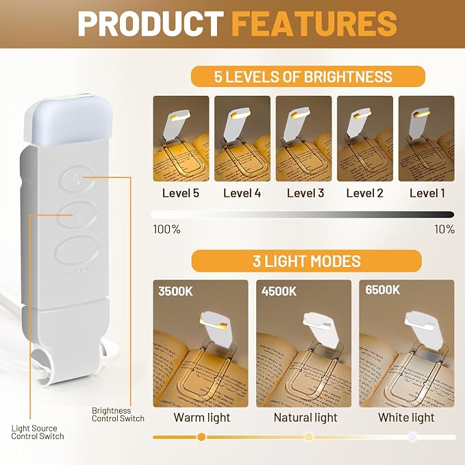 Book Reading Light Rechargeable Clip on Book Lamp - Image 3