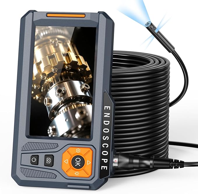 50FT Triple Lens 5" IPS Borescope Inspection Camera, Ginocaco 1080P Digital Video Endoscope with Light, Waterproof Scope Camera with Semi-Rigid Cable, Drain Pipe Tool, Carrying Case, 32G Card