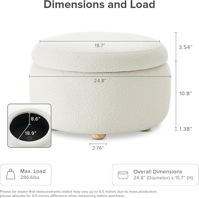 mopio Luna Round Ottoman with Storage and Tray, Round Coffee Table with Storage - Image 2