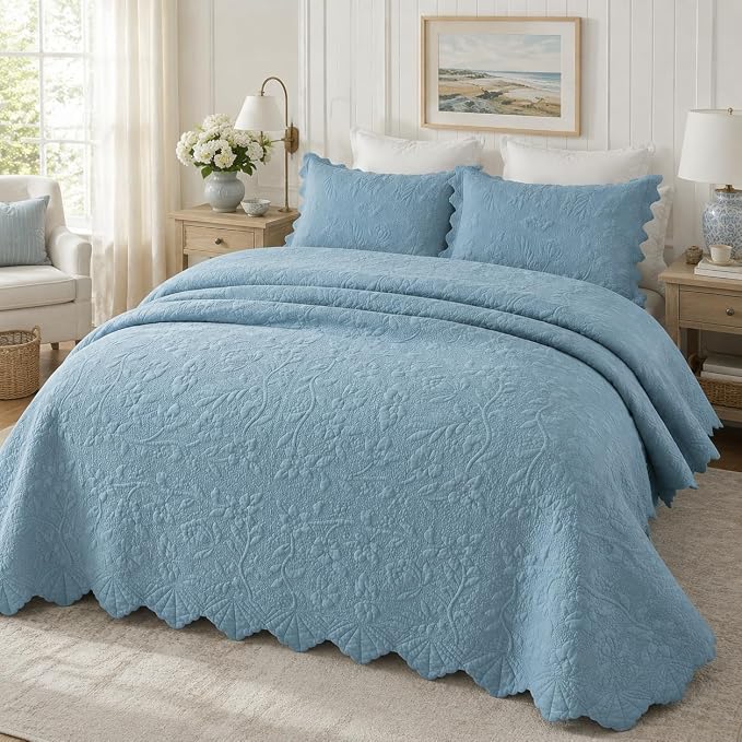 Brandream Luxury 100% Cotton Quilt Set King Size Blue Floral Vine Matelasse - Image 3