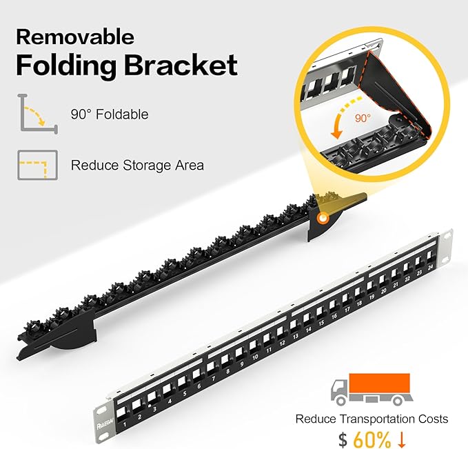 PBAEGAV 24 Port Patch Panel Blank UTP/STP 1U 19“ Keystone Patch Panel with Cable Management and Support Bar Compatible with LC/SC/ST/FC/USB/HDMI Keystone Jack(24 Port)