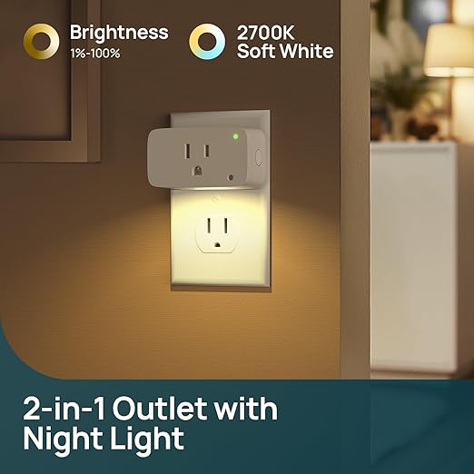 Linkind Matter Smart Plug with LED Night Light, Work with Alexa, Apple Home, Google, Smart Outlet 15A/1800W, Dusk to Dawn, Plug in Wall, Timer&Schedule, ETL&FCC Certified, 2.4GHz Wi-Fi Only, 2 Pack