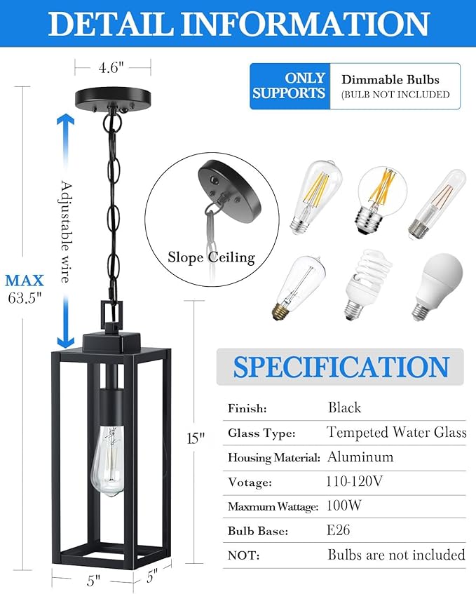 MYHXQ 15'' Large Motion Sensor Outdoor Pendant Lights, Dusk to Dawn Modern Outside Chandelier Outdoor Hanging Lantern with Clear Glass, Exterior Pendant Lighting Fixture for Porch, Yard, Black, 1Pack