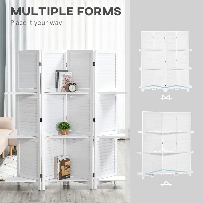 HOMCOM Room Divider 4 Panel 67" Tall Privacy Screen 3 Display Shelves White | - Image 6