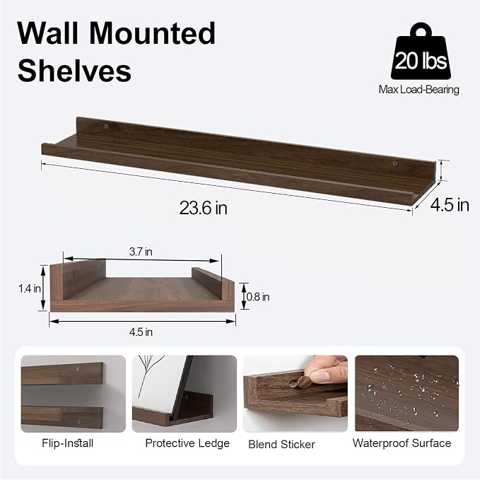 Walnut Floating Shelves for Wall Decor, 24 in Shelf - Image 3
