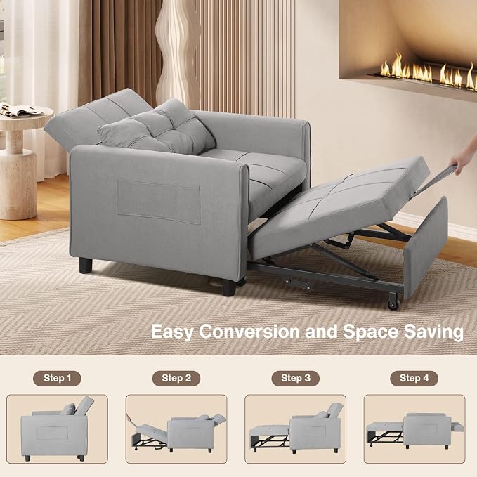 Aiho Convertible Sleeper Chair 3-in-1 Sofa Bed, Light Gray | Adjustable Backrest - Image 4