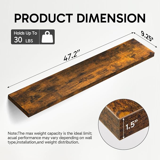 BAYKA Rustic Brown Floating Shelves 47.2in, Wall Mount Wood Shelf | Easy Install - Image 3