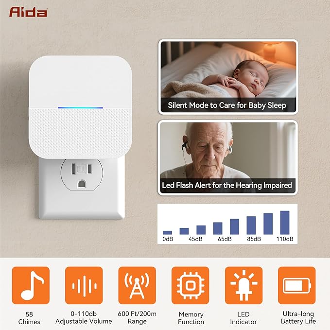 AIDA Door Alarms When Opened Wireless Ring Chime Sensor Alarm for Business/Home/Kids - 600ft Range, 58 Ringtones, 5 Volume Levels, Open Alert, Easy Install (1 Receiver + 3 Sensor)