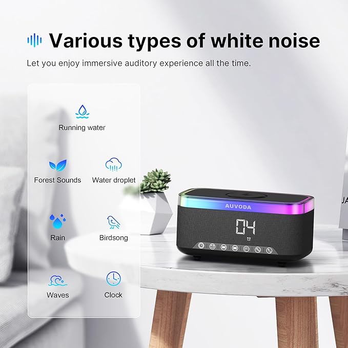 AUVODA S300 Portable Bluetooth Speaker with 15W Fast Wireless Charging, 13-Color Dimmable Night Light, White Noise, Alarm, FM Radio, 16W Stereo, BT5.3, TWS, for Home, Office, Bedroom (Black)