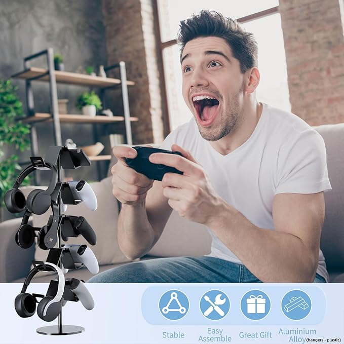Qpfctwil Controller Stand,5 Tier Controller Headphone Holder for Universal Headsets and Controllers,Black
