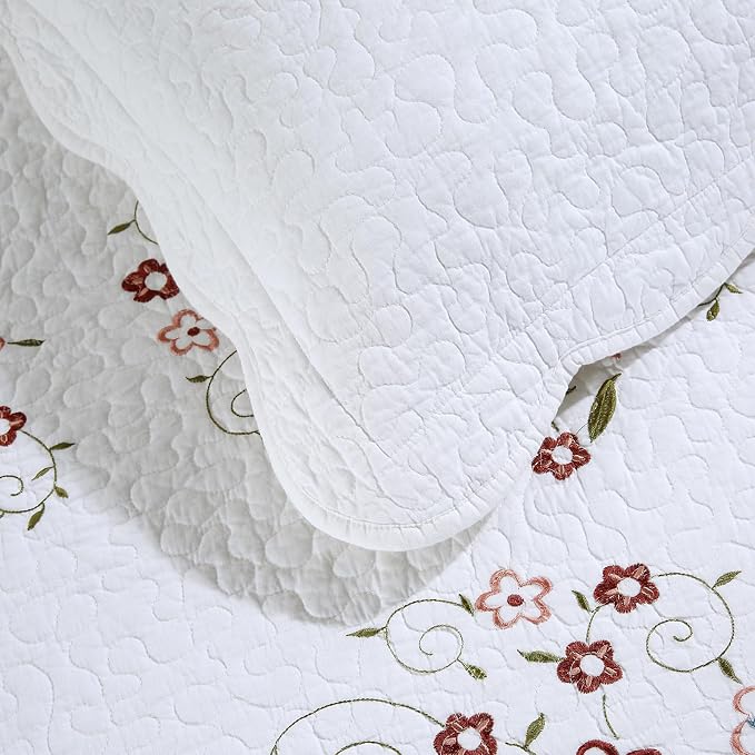 ROOMLIFE Quilt Set Full Size 3D Floral Embroidery Pattern 3-Piece Cotton - Image 6