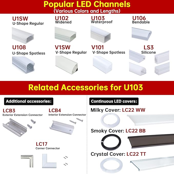 Muzata 10Pack 6.6FT/2M Plus-Size Spotless LED Channel Black LED Strip Diffuser Channel with Milky Frosted White Diffuser Cover U103 BW 2M