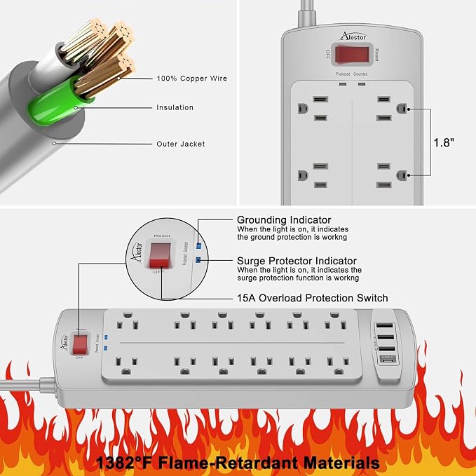 ALESTOR 6 Ft Surge Protector Power Strip - Image 6