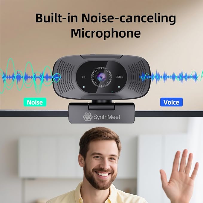 SynthMeet 4K Webcam for PC, 1080P@60FPS, 4K Camera with Noise-reducing Microphone, 92°FOV, 8MP USB Webcam Plug and Play, Privacy Cover, Works Perfect for Meeting Platform Zoom/Teams/Skype/Google Meet