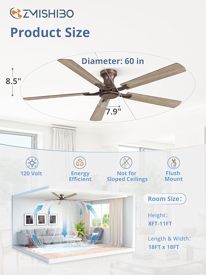 ZMISHIBO 60 Inch Ceiling Fan No Light, Flush Mount Low Profile, Farmhouse Brown Ceiling Fan Without Light, Remote Control & Quiet DC Motor, for Indoor&Outdoor, Bedroom, Living Room