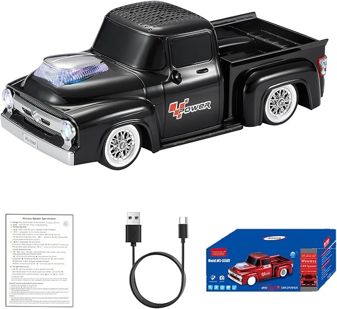 WSTER WS-538 Retro Pickup Truck Bluetooth Replica Speaker – Portable Wireless Car Model Speaker with FM, TWS, LED Party Lights, USB/TF Playback, Built-in Microphone, Type-C, Surprise Gift(Black)