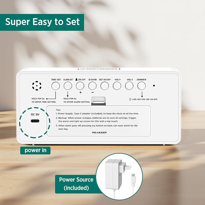Peakeep Digital Alarm Clock for Bedroom Bedside, Large Display 5 Dimmers | - Image 7