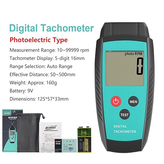 Non Contact RPM Tachometer with Large LCD Display for Precision RPM Measurement, 10 to 99,999 RPM Laser Photo Digital Tachometer RPM Gauge Meter with Reflection Tapes, MAX/MIN/LAST and Memory Function