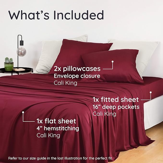 Bambaw 100% Viscose Derived from Bamboo Sheets California King Size Set – 4pcs Deep Pocket Cooling Sheets, Fits Up to 16'', Bedding for Night Sweats, Extra Soft Sheet Set (Burgundy)