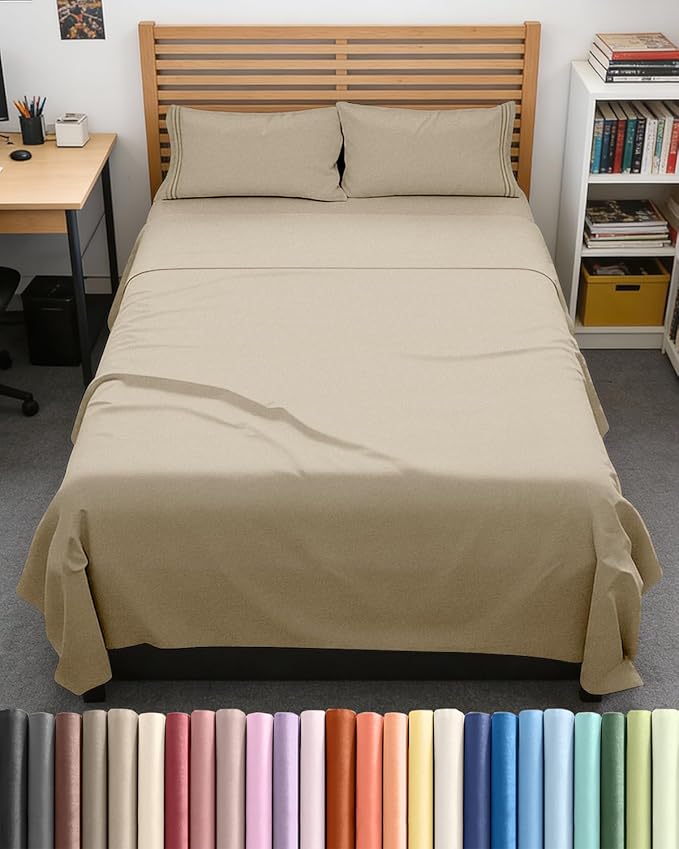 Full XL Bed Sheet Set - 4 Piece Extra Long Extended Full XL Sheets - Soft, Breathable & Cooling - Fits 8" to 16" Mattress with Deep Pockets - 54" x 80" - Wrinkle and Fade Resistant - Heathered Beige