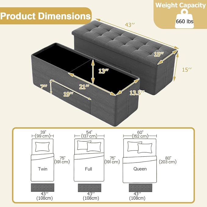 43" Folding Storage Ottoman Bench, End of Bed Foot Rest Stool - Image 3
