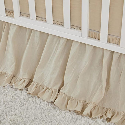 Brandream Boho Bohemian Girl Baby Nursery Crib Bed Skirt Dust Ruffle - Neutral Solid Color Beige Farmhouse Chic 100% Washed Cotton Ruffle