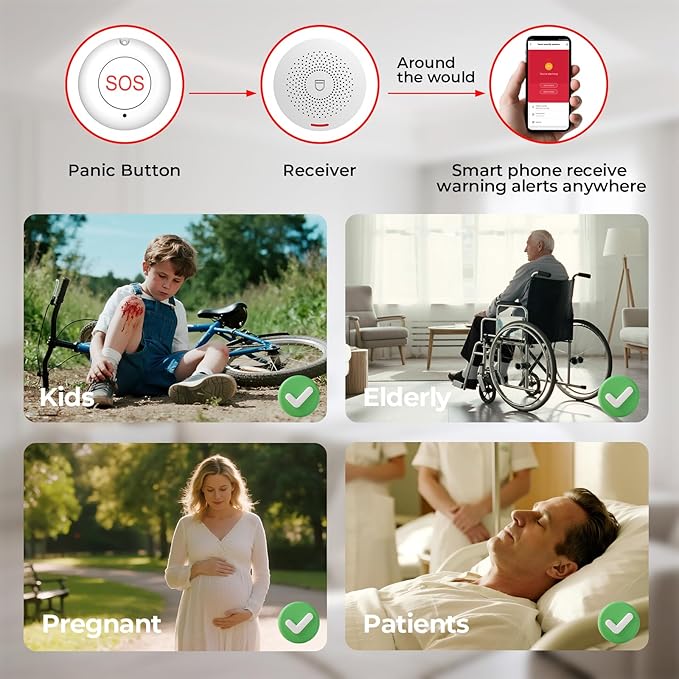 Hapippofa Caregiver Call Button Wireless Call Button for Elderly at Home,WiFi Panic Button,Life Alert Systems for Seniors No Monthly Fee (whiter3)