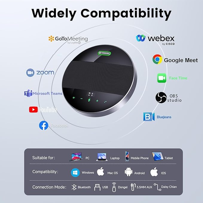 TONGVEO 2-in-1 Conference Speaker and Microphone, Daisy Chain Wireless Bluetooth Speakerphone with 360° omnidirectional mics USB/Dongle/Bluetooth Connection 18H Talk Time for 15-30 People Meeting