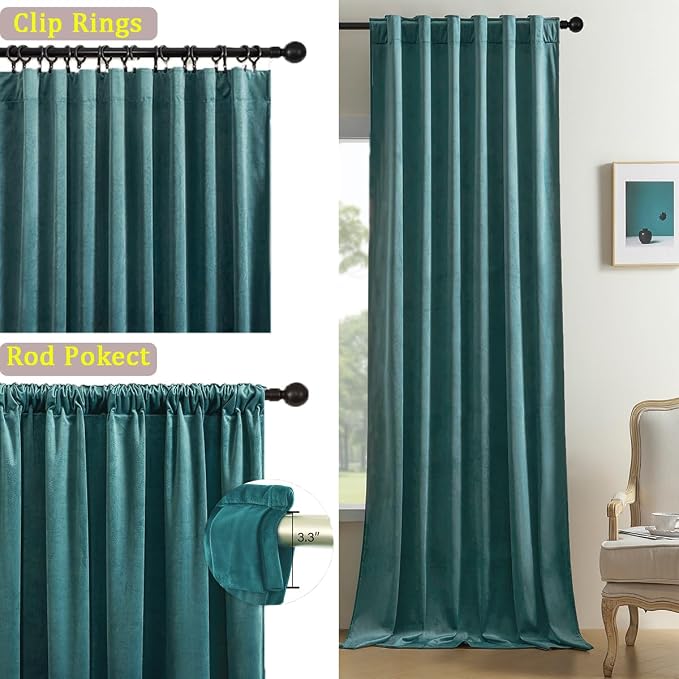 Timeper Slate Blue Velvet Curtains W52 x L96 inches 2 Panels, Back Tab & Rod - Image 2