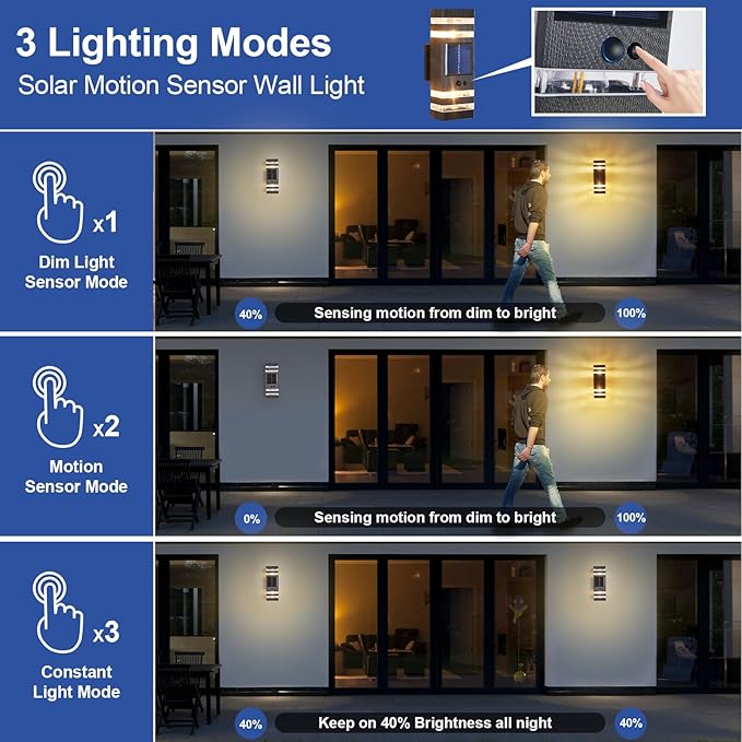 Delicavy 2 Pack Solar Outdoor Wall Lights with 3-Mode Motion Sensor Outside Sconces Up Down Solar Porch Light Fixtures 3000K 500LM Dusk to Dawn Modern Exterior Wall Lamp for House Garage Front Door