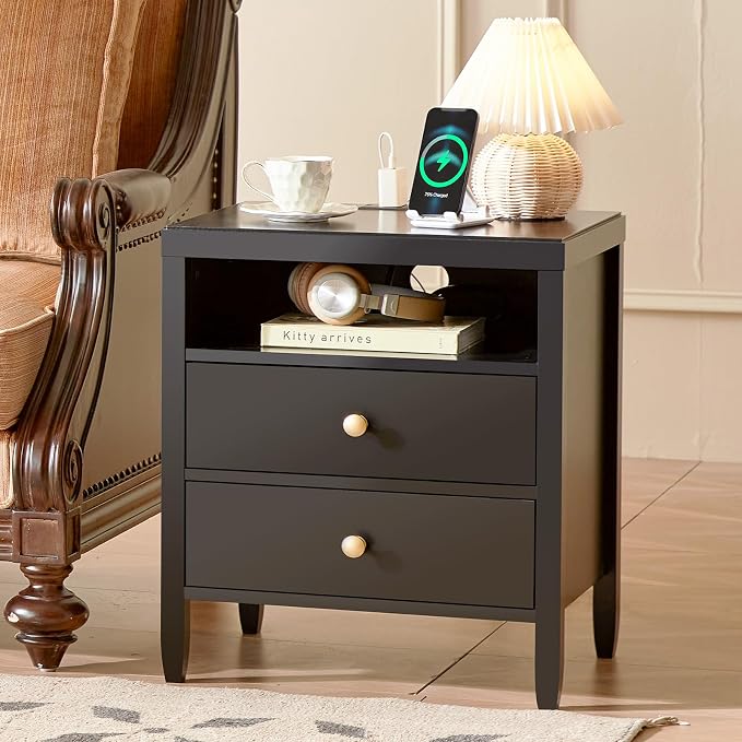 Huuger Nightstand with Charging Station, Bedside Table with Storage, Modern - Image 4
