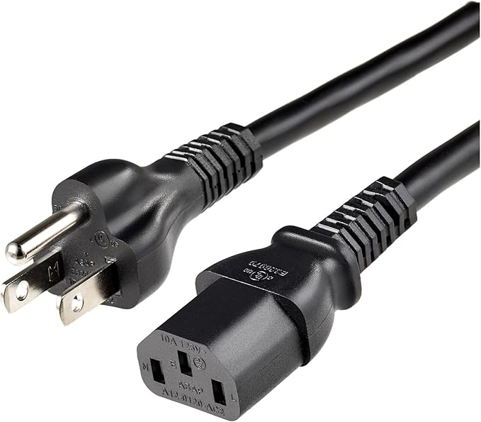 Amazon Basics PC Power Cord, 12 feet, AC Power Cord for Monitor, Computer, TV, 3 Prong, 18 AWG, 125 Volts, Black