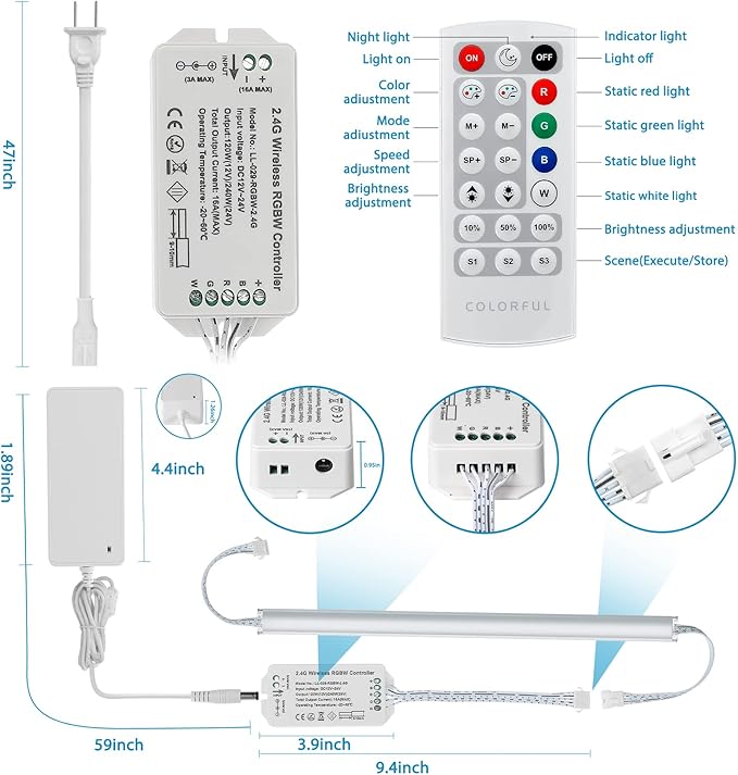 Litever Under Cabinet LED Lighting Kit. RGB Color & Bright Warm White Light. Slim Linkable LED Light Bars with Power Adapter, Controller, Extension Cords. Max 24W. Dimmable. Plug in. RGB + 3000K.