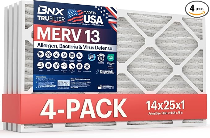 BNX TruFilter 14x25x1 Air Filter MERV 13 (4-Pack) - MADE IN USA - Electrostatic Pleated Air Conditioner HVAC AC Furnace Filters for Allergies, Pollen, Mold, Bacteria, Smoke, Allergen, MPR 1900 FPR 10