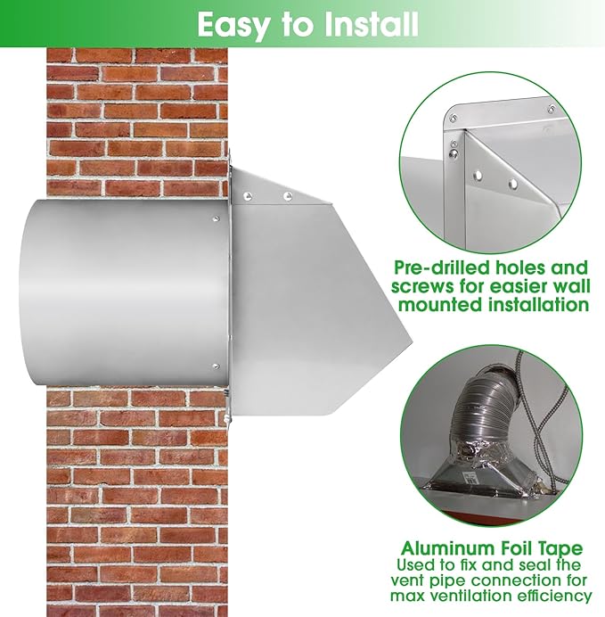 8 inch Wall Vent Ccover,Exhaust Vent Hooded Wall Vent with Screen and Damper,Outdoor Wall Exhaust Vent Cap Exterior Air Vent Cover for Kitchen Range Hood HVAC Duct Dryer Ventilation,Stainless Steel