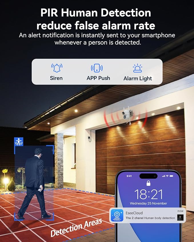 VORGUT Security Camera Outdoor Wireless, Dual Lens 2K (3MP+3MP) 355° PTZ Home Security WiFi Camera Outside Surveillance Indoor, 2.4G WiFi, PIR Human Detection, Auto Tracking, Color Night Vision, White