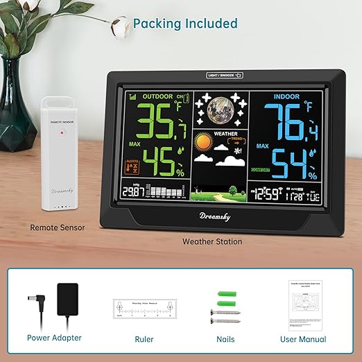 DreamSky Weather Station Indoor Outdoor Thermometer Wireless, Atomic Clock with Indoor Outdoor Temp, Date Day, Adjustable Backlight, Inside Outside Temperature Humidity Monitor for Home