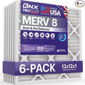 BNX TruFilter 12x12x1 Air Filter MERV 8 (6-Pack) - MADE IN USA – Dust & Pet Defense Pleated Air Conditioner HVAC AC Furnace Filters for Dust, Pet, Mold, Pollen MPR 600 – 700 & FPR 5