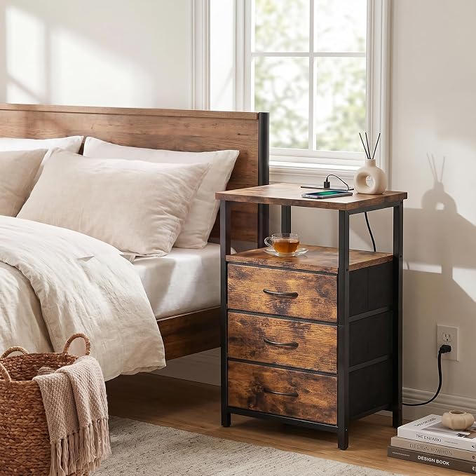 Fixwal Night Stand with Charging Station, 3 Fabric Drawers, Rustic Brown | - Image 2