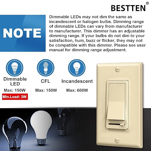 BESTTEN 2 Pack Almond Dimmer Wall Light Switch, Compatible with Dimmable LED, CFL, Incandescent and Halogen Bulb, Single Pole or 3-Way Dimmer Switches, 120VAC, Decorator Wall Plate Included