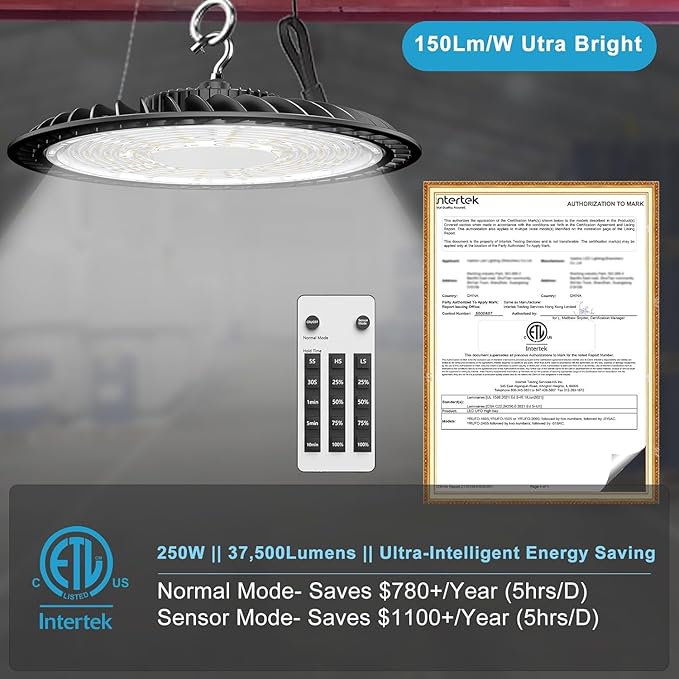 Lightdot Smart 250W LED High Bay Shop Light 37500lm Commercial Bay Lighting with Motion Sensor High Bay LED Light Plug and Play with Control- 4Pack 6Yrs Warranty