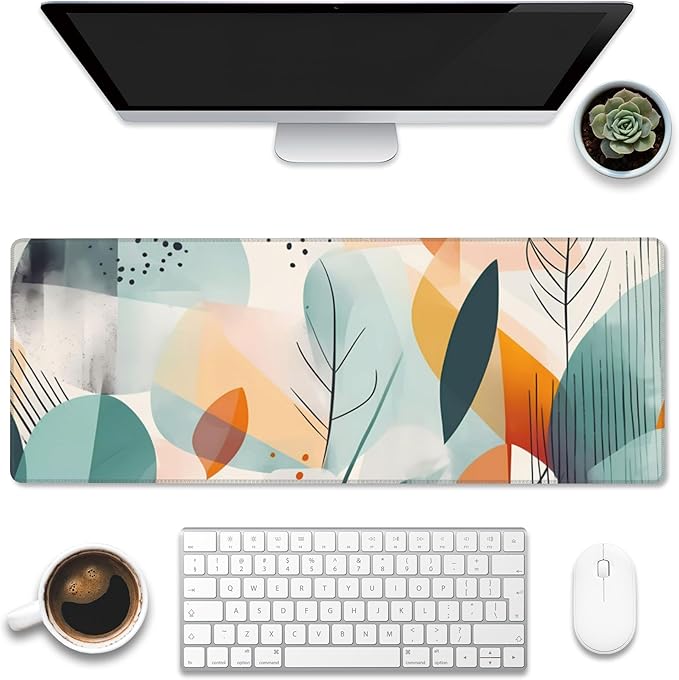 Eflxamz Desk Pad, Abstract Colorful Leaves Desk Mat, Large Gaming Mouse Pad with Non-Slip Base and Stitched Edge, 31.5"x11.8"