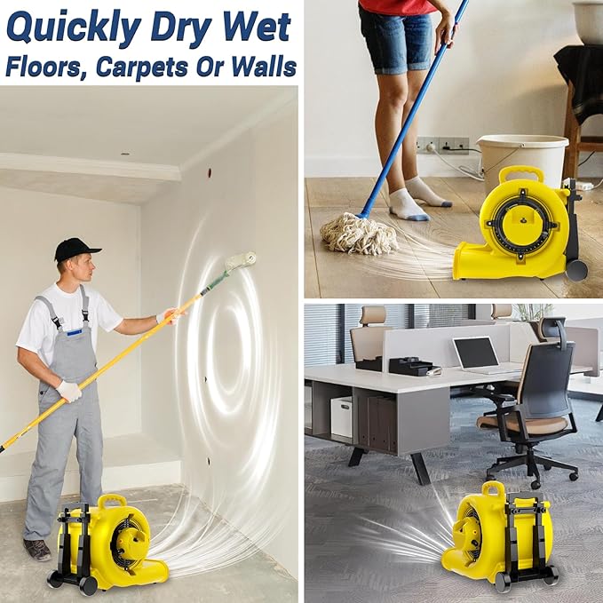 BSMTEK 2500-5000 CFM 1HP Air Mover Blower Fan, Floor Blower Dryer, 3 Speeds, 4 Adjustable Angles, Handle Wheelkit, 15Ft Long Cord Portable, Stackable - 2026 Upgraded