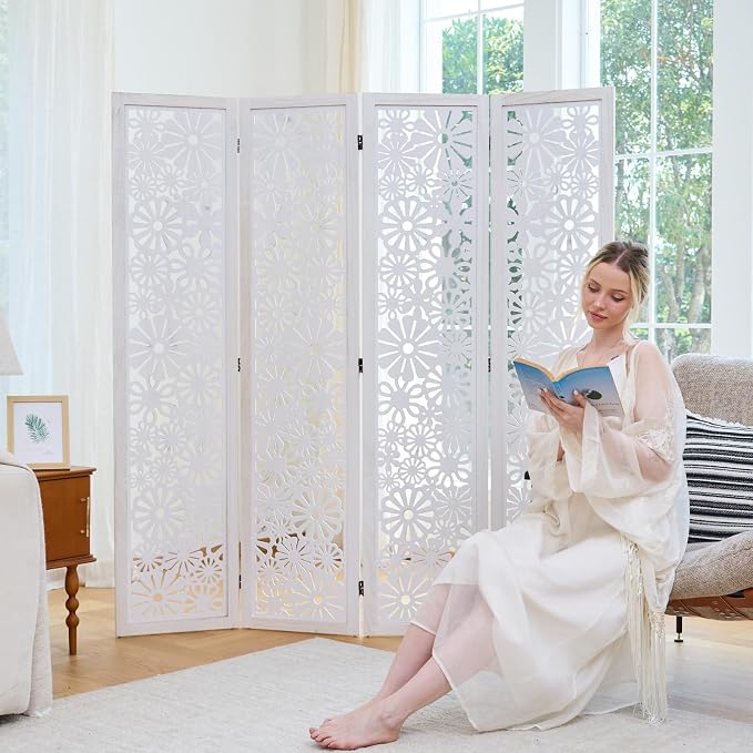 Folding Wood Room Divider Panel, 67 Inch Tall Daisy-Carved Privacy Screen - Image 9