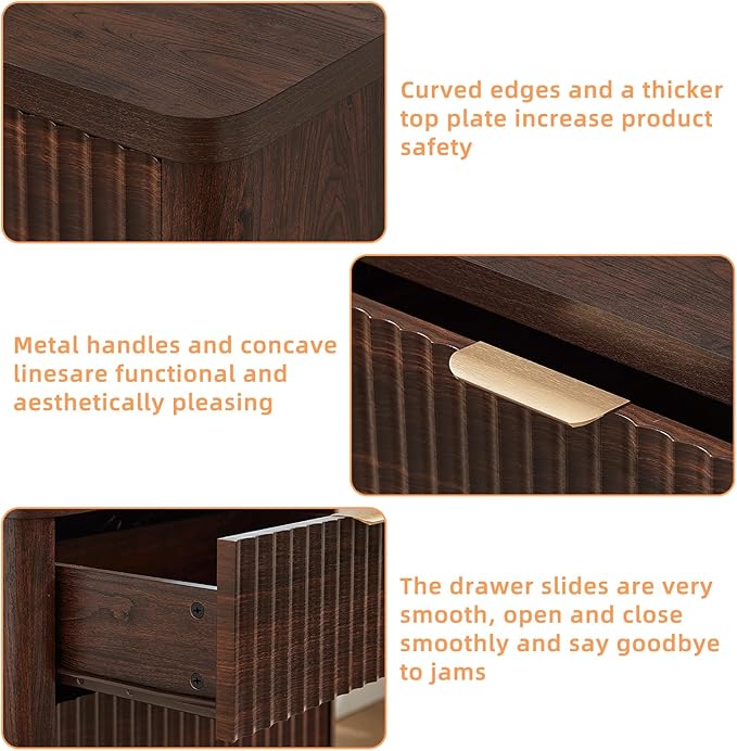 LEYAOYAO 23" Wide Fluted Night Stand with Charging Station, 3 Drawers Large End Table with Storage, Walnut Nightstand Wood Bedside Tables, Farmhouse Cabinet Dresser for Bedroom, Closet