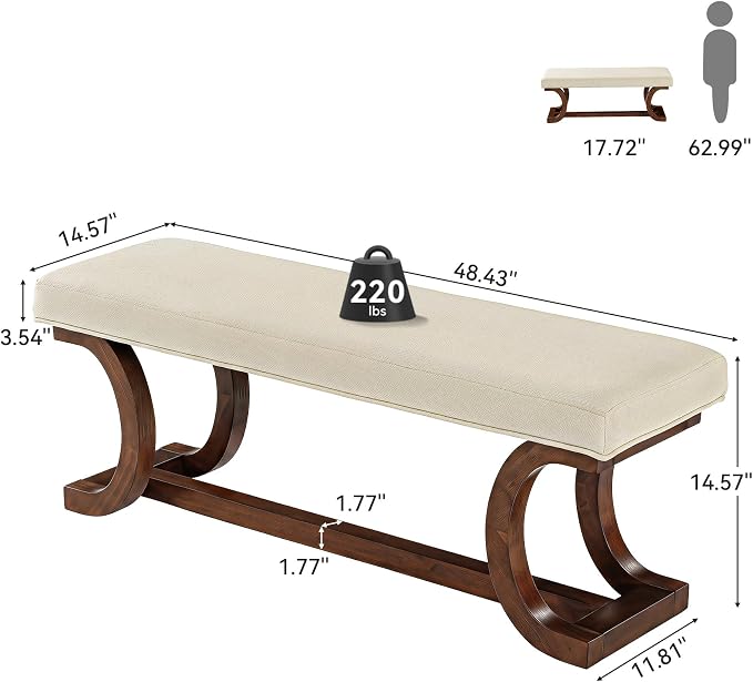 48-Inch Upholstered Bench, Solid Wood Entryway Bench - Image 2